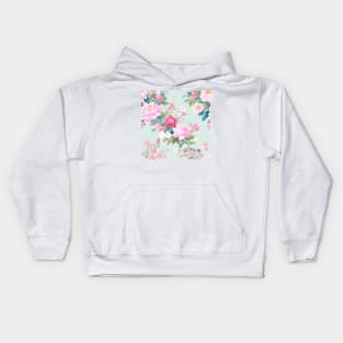 Soft watercolor flowers and birds on mint green Kids Hoodie